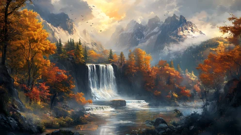 Golden autumn waterfall welcomes the quiet mountain valley