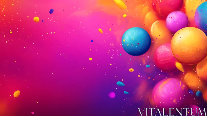 Chromatic spherical clusters drift across neon gradient space