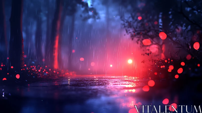 Rainlit forest path glowing with quiet neon magic.