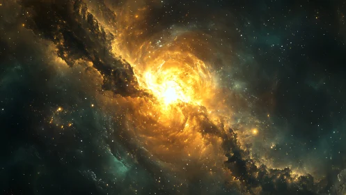 Stellar nebula vortex with radiant golden core in space.