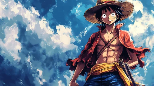 Straw hat anime character stands shirtless under dynamic sky