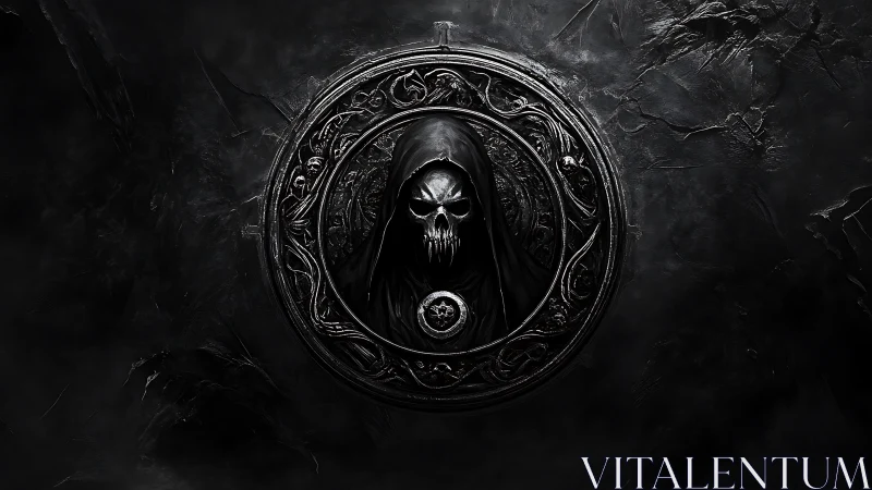 Grim medallion whispers through the void with carved dread