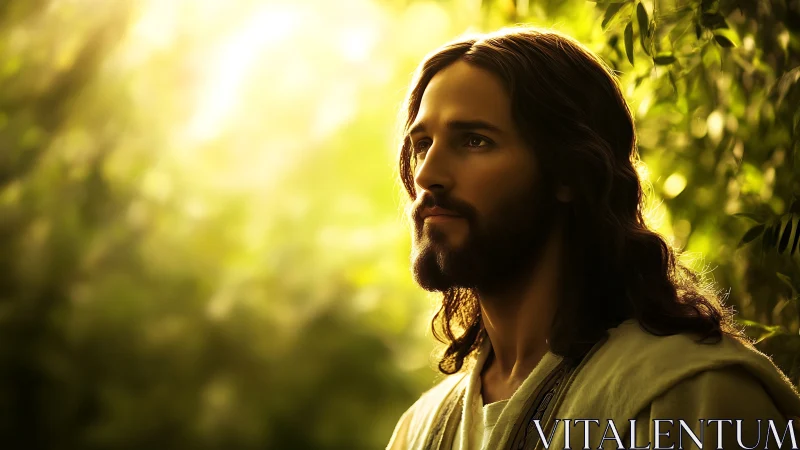 Radiant bearded figure in sunlit forest ambience portrait.