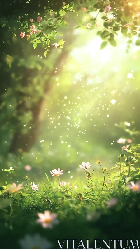 Sunlit meadow whispers under drifting pollen sparkles.