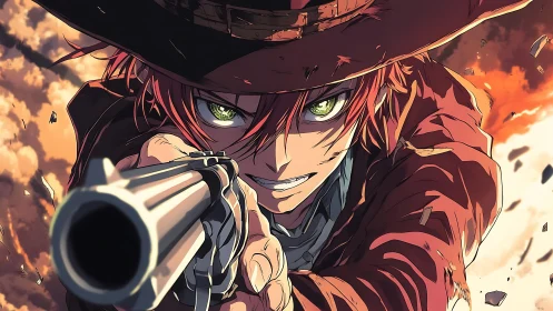 Fiery-eyed anime gunslinger racing through a storm of dust.