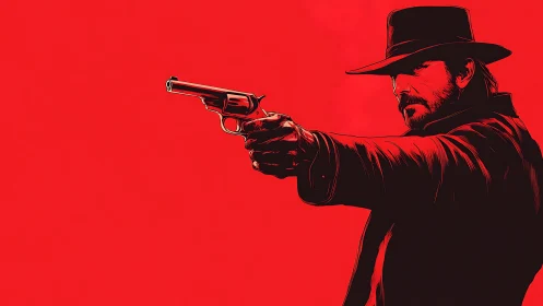Side-profile gunslinger extends revolver against red ground