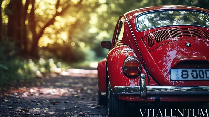 Rear three-quarter view of red vintage Beetle on forest lane