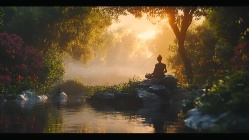 Meditating figure at sunrise in lush riverside forest