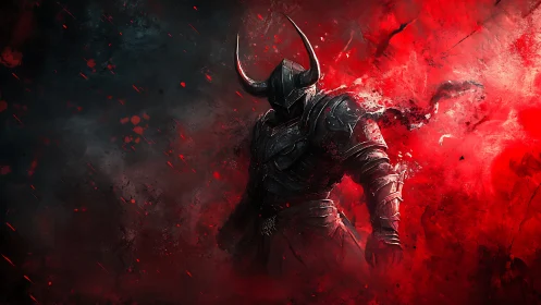 Shadowed horned knight rises within blazing red storm