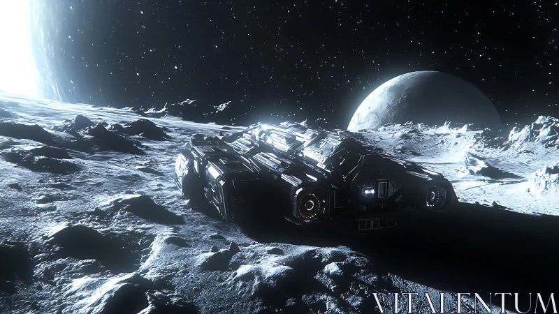 Starship lounges on moonlit regolith beneath twin giants