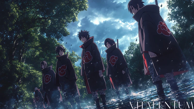 Dark cloaked anime figures stand in reflective forest water.