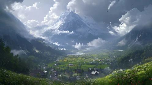 Mountain valley village sits below towering snow peaks