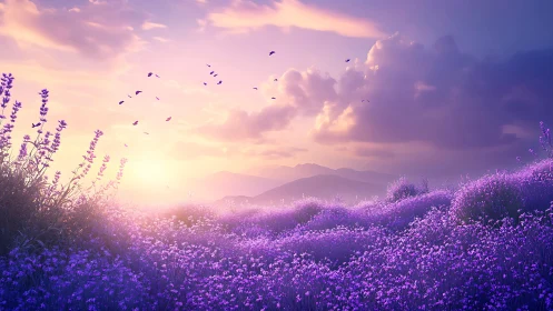 Lavender twilight dreamscape over rolling mountain fields.