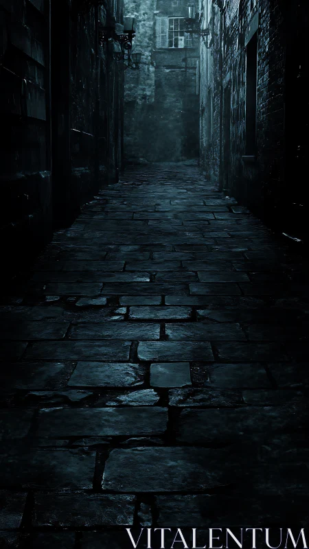 Midnight cobblestone alley wrapped in quiet blue shadows.