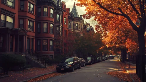 Autumn-lit brownstone streetscape with longitudinal perspective.