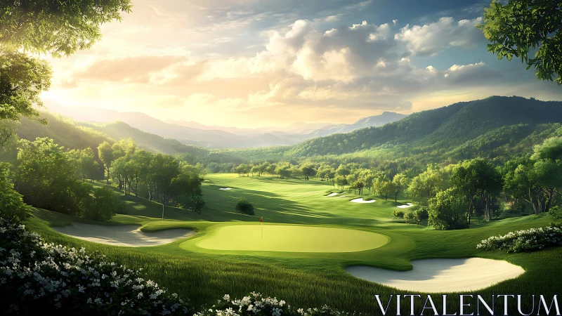 Sunlit mountain golf course with lush fairways and greens.