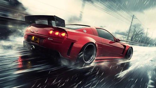 Digital motion study of red sports car on wet urban highway.