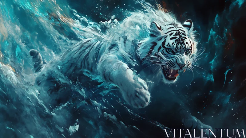Tidal Rush Tiger lunges through electric sapphire stormwater.