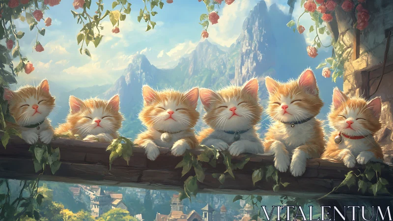 Six Ginger Cats on Mountain Overlook with Alpine Landscape