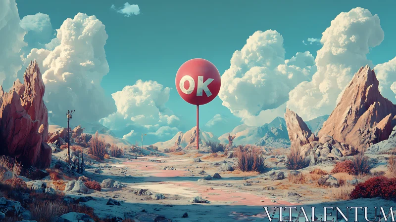 Red OK sphere over surreal rocky desert landscape.