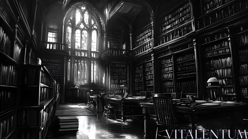 Gothic Library Interior: Monochrome Architectural Study with Volumetric Light