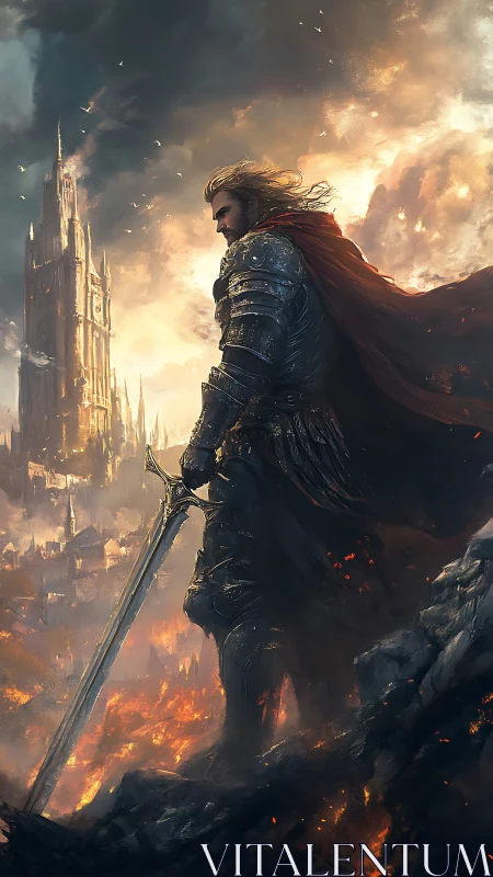 Armored knight overlooking burning citadel at dusk.