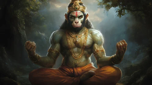 Divine simian yogi in forest temple light, gilded ornaments