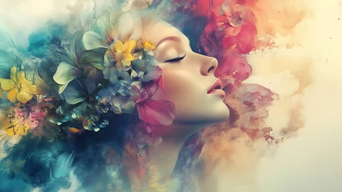 Dreaming face drifts through blooming watercolor galaxies