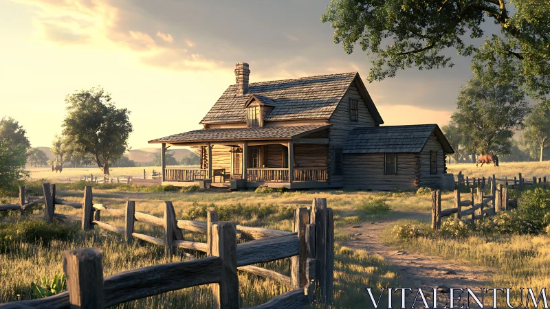 Warm sunset over rustic wooden farmhouse and pastureland.