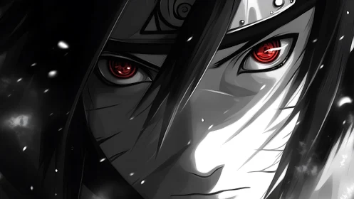 Crimson eyes carve through monochrome storm and silent snow