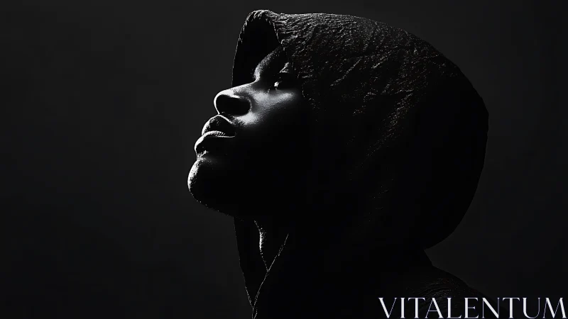 High contrast side-lit portrait isolates hooded profile in darkness