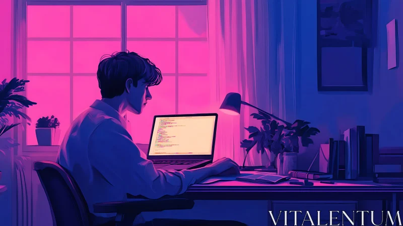 Programmer working late at laptop in neon home office scene.