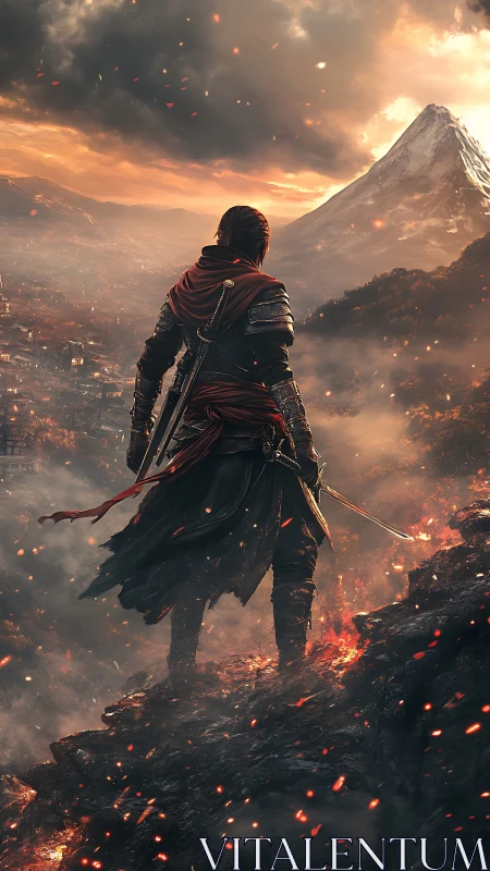 Cinematic fantasy warrior overlooking volcanic valley vista.