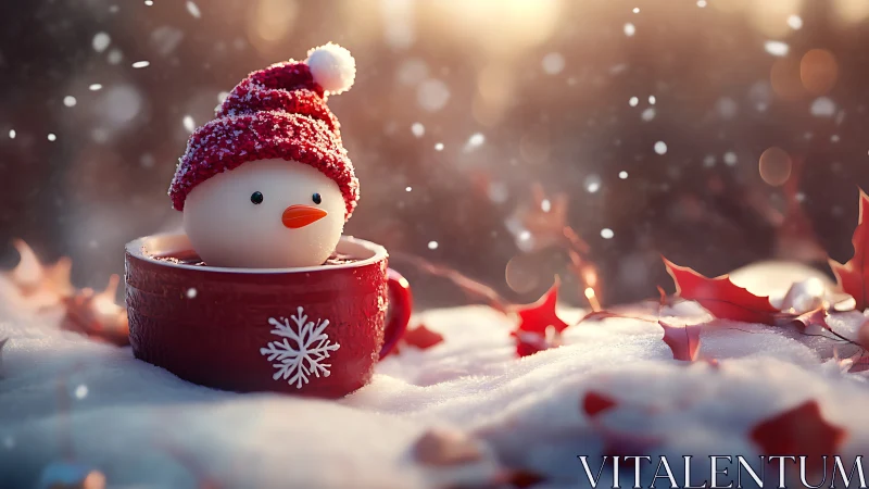 Whimsical snowman mug in softly glowing winter snowfall.
