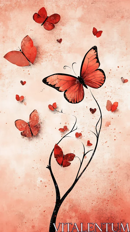 Red watercolor butterflies rising from abstract branch.