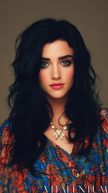 Warm portrait of dark haired woman in colorful boho dress.