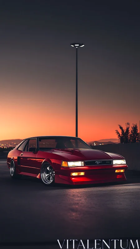 Red classic coupe rests under dusk streetlight on asphalt