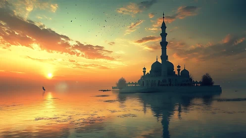 Sunlit coastal mosque silhouette over reflective water at dusk.