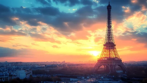 Backlit Eiffel Tower framed by high-saturation sunset sky