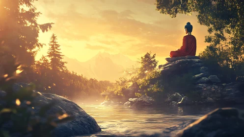 Buddha in crimson robe overlooks sunlit river valley.