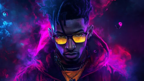 Neon-soaked portrait glows with bold futuristic street style