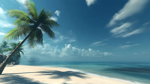 Tropical Beach Paradise. Pristine White Sand, Turquoise Water, Palm Trees.