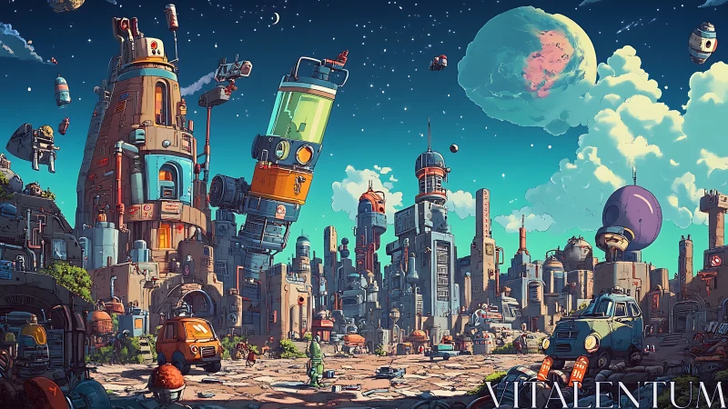 Futuristic cartoon cityscape shows crowded sci fi skyline