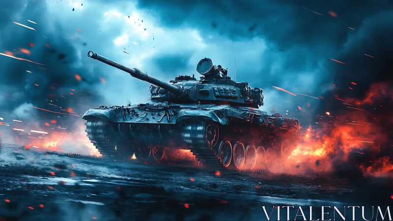 Armored tank powers through fiery battlefield under stormy sky