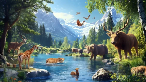 Peaceful forest animals sharing a bright mountain river.