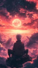 Dreamy cloud-watcher rests beneath a glowing cosmic moon