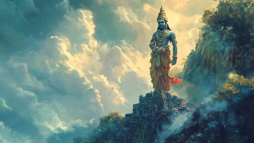 Colossal blue deity towering above misty cliffside temple