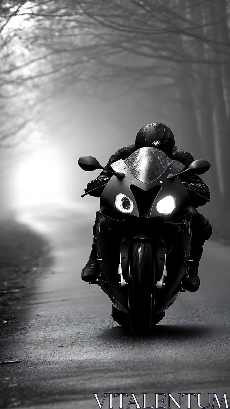 Midnight rider carving through a misty forest road.