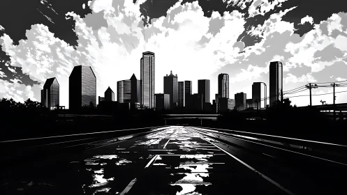 Monochrome urban skyline with empty multilane highway foreground.
