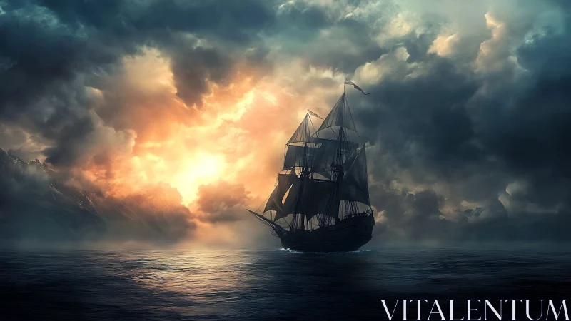 Sailing ship silhouette against dense clouded seascape sky.